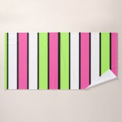Hot Pink, Lime Green, Black and White Stripes Bath Towels